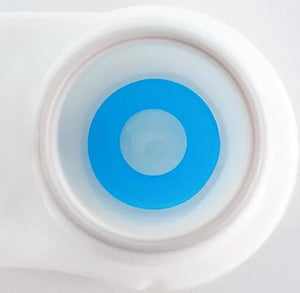 Close-up of a pair of Blue Out Halloween Lenses for a striking, unnatural eye effect.