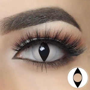 White Cat Eye Halloween Lenses with glowing yellow pupils, designed for a spooky, feline transformation.
