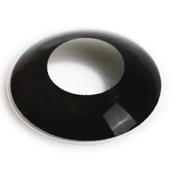 Black out Halloween Lenses: Close-up of black contact lenses, completely obscuring the iris and pupil.