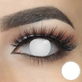Close-up of Blind White Halloween Lenses, a pair of theatrical contact lenses with a stark white opaque finish.