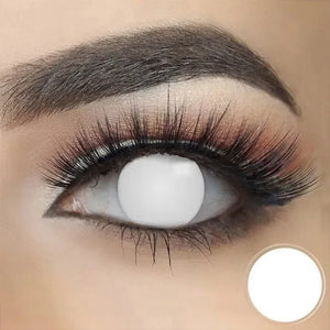 Close-up of Blind White Halloween Lenses, a pair of theatrical contact lenses with a stark white opaque finish.