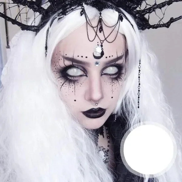 Blind White Halloween Lenses, a pair of opaque white contact lenses with no pupil visible.