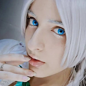 Blue out Halloween Lenses, close-up of the product packaging showing a pair of blue contact lenses.