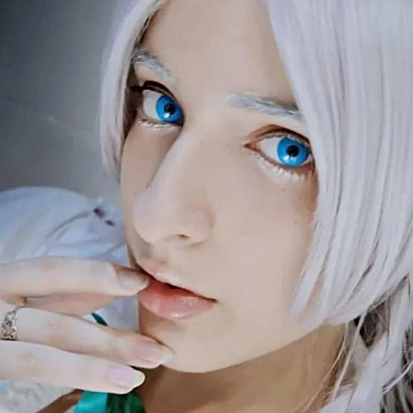 Blue out Halloween Lenses, close-up of the product packaging showing a pair of blue contact lenses.