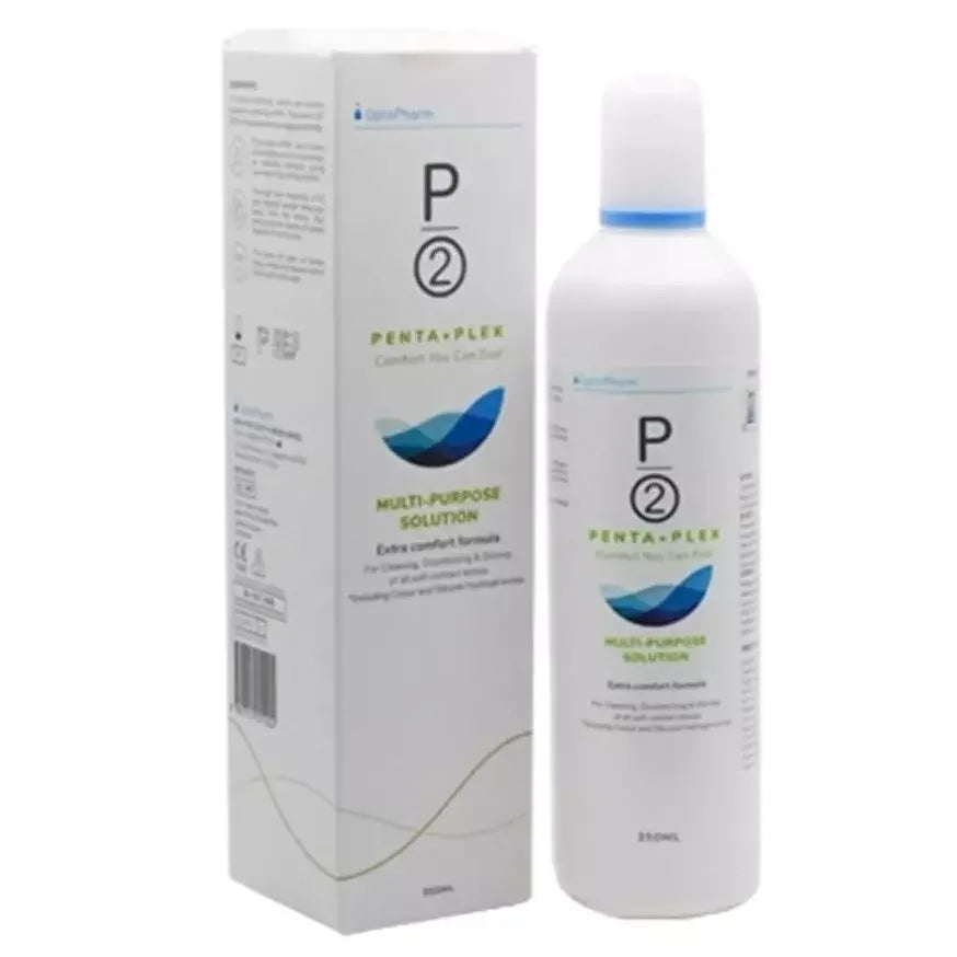 P2 Penta Plex Lens Solution 350ml bottle with a blue cap on a white background.