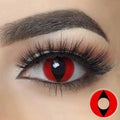 Red Cat Eye Halloween Lenses, close-up of a pair of vibrant red contact lenses with a black slit pupil, resembling cat eyes.