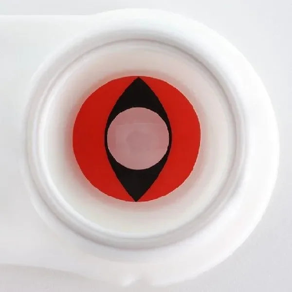 Close-up of Red Cat Eye Halloween Lenses, showing the vibrant red color and the distinct cat pupil.
