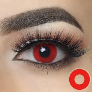 Red out Halloween Lenses: Close-up of striking, opaque red contact lenses for a bold Halloween look.