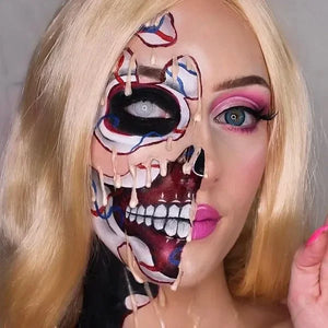 White mesh Halloween contact lenses, offering a stark, opaque white out effect for a spooky costume.