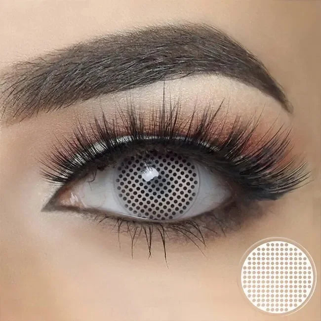Close-up of White Mesh Halloween Lenses, showing the intricate mesh pattern of these spooky contact lenses.
