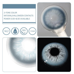 Unspoken Blue 1 Yearly Lenses: close-up of a single blue contact lens with subtle color variations.