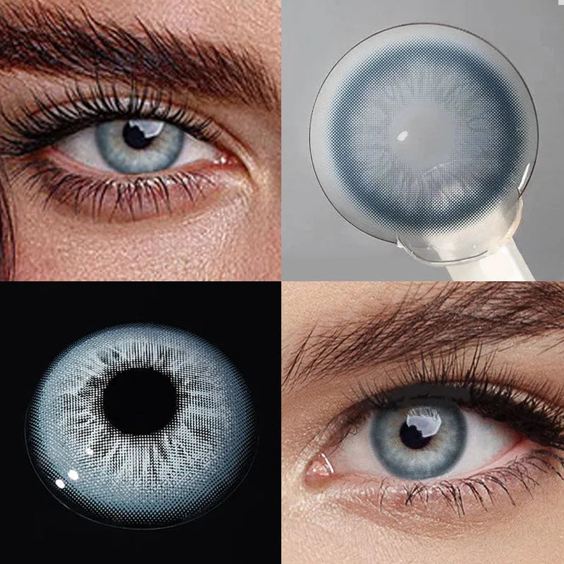 Unspoken Blue 1 Yearly Lenses: Close-up of a single blue contact lens with subtle color variations.