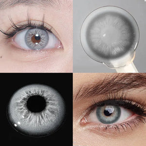 Unspoken Gray 1 Yearly Lenses in a clear case, showing the subtle gray hue of the contact lenses.
