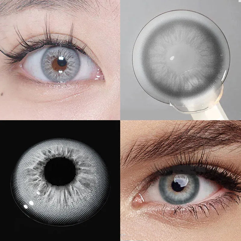 Unspoken Gray 1 Yearly Lenses in a clear case, showing the subtle gray hue of the contact lenses.