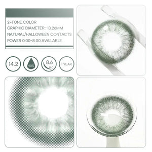 Unspoken Green 1 Yearly Lenses: Close-up of a single green contact lens on a white background.