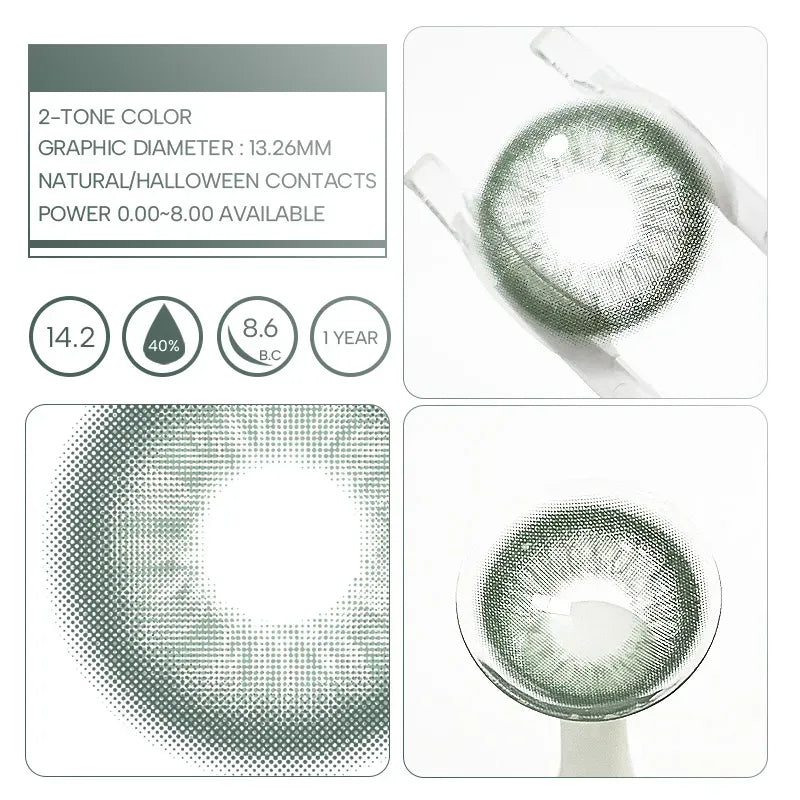 Unspoken Green 1 Yearly Lenses: Close-up of a single green contact lens on a white background.