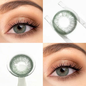 Unspoken Green 1 Yearly Lenses: Close-up of a single green contact lens on a fingertip.