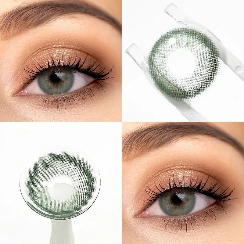 Unspoken Green 1 Yearly Lenses: Close-up of a single green contact lens on a fingertip.