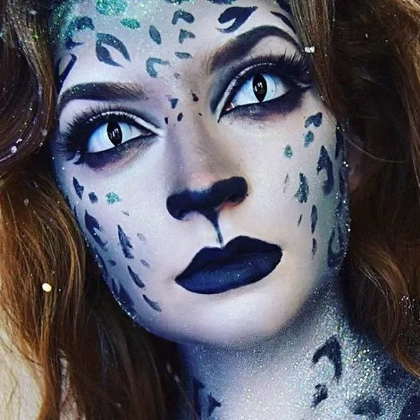 White Cat Eye Halloween Lenses, a pair of opaque white contact lenses with black cat-eye pupils.