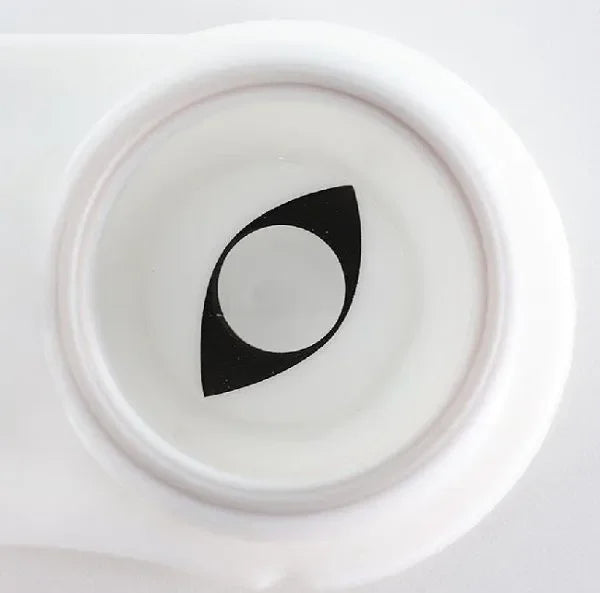 White Cat Eye Halloween Lenses with a slit pupil, designed for a spooky, feline transformation.