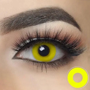Pair of bright yellow Halloween contact lenses, "Yellow out Halloween Lenses," for a striking, unnatural eye effect.