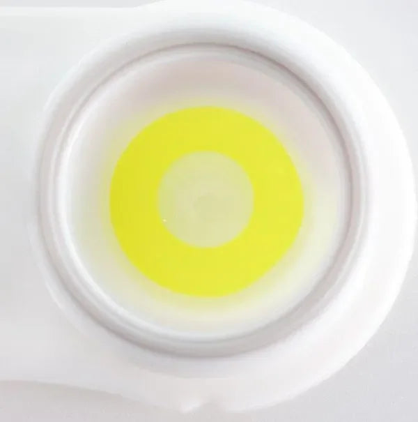 Close-up of Yellow Out Halloween Lenses, showcasing their vibrant yellow hue and opaque design for a striking effect.